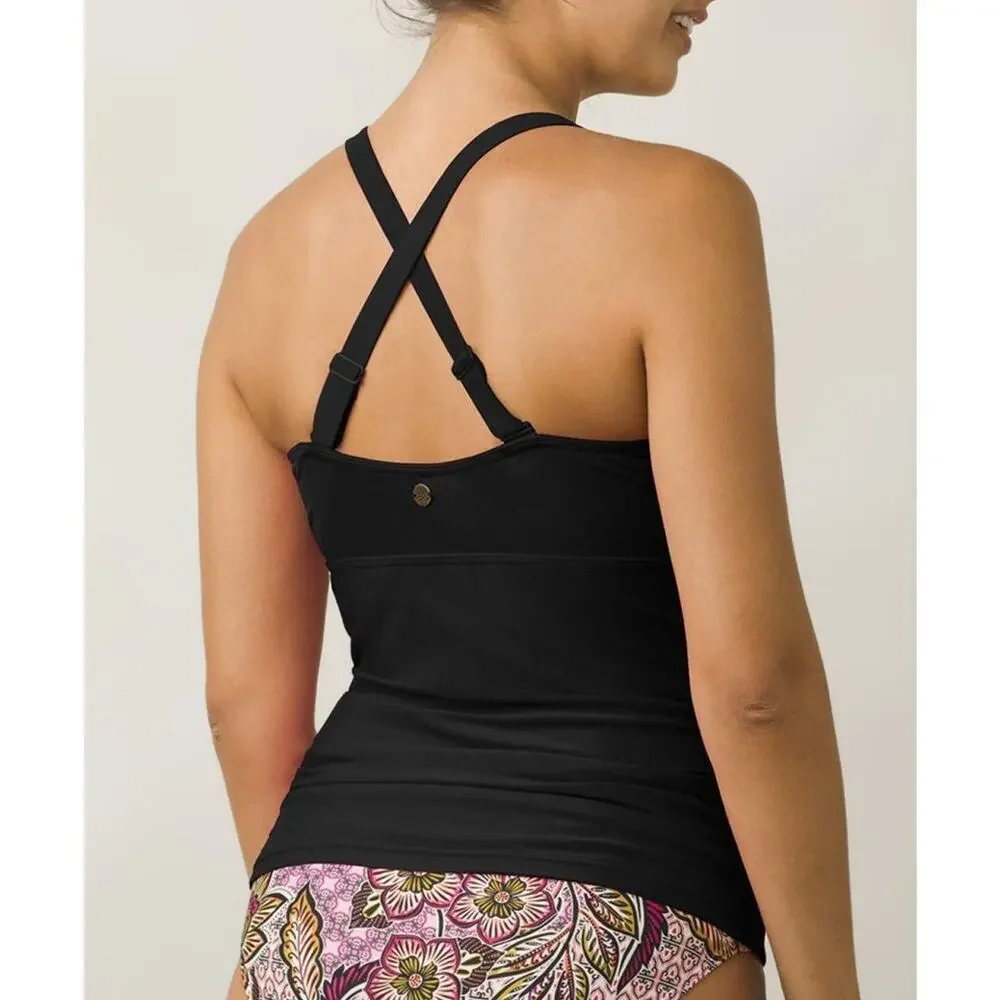 PrAna Aelyn Tankini Scoop Neck Padded Top Black Womens Size 32D/XS NWT‎